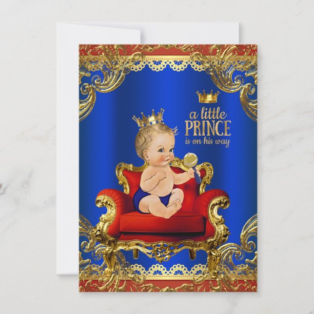 Invitation Red Royal Blue Gold Chaire Prince Baby shower (Devant)