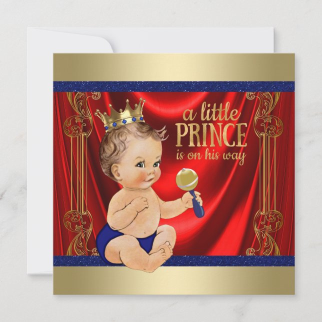 Invitation Red Royal Blue Gold Prince Baby shower (Devant)