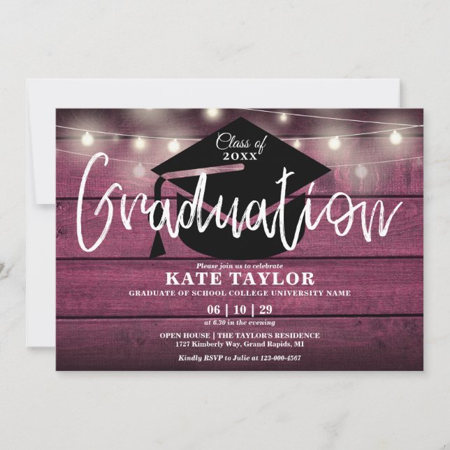 Invitation Red Rustic Bois Chaîne Lights Graduation Party (Devant)