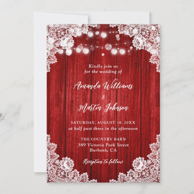 Invitation Red Rustic Wood String Lights Floral Lace Wedding (Devant)