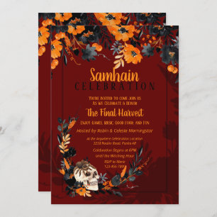 Invitation Red Samhain Floral Skull Halloween Party