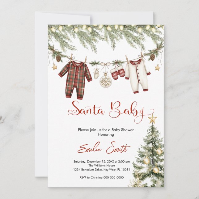 Invitation Red santa baby christmas clothesline baby shower (Devant)