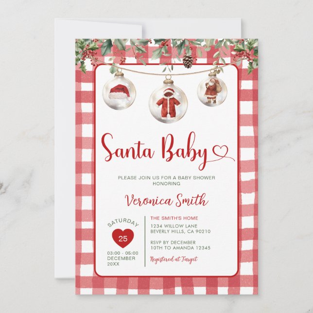 Invitation Red Santa Baby Shower Clothesline Christmas Floral (Devant)