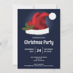 Invitation Red Santa Hat On Blue - Festive Noël Party