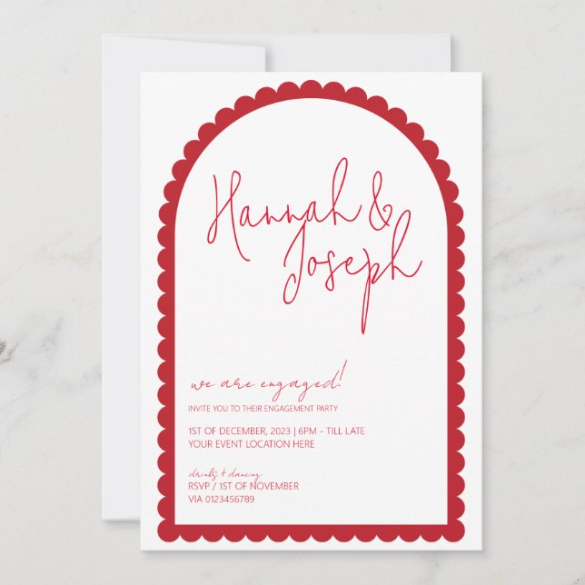 Invitation Red Scallop Edge Arche Wave Border Engagement Part (Devant)