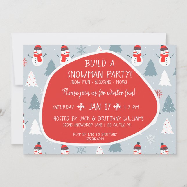 Invitation Red Scarf mignon vacances Snowman Building Party (Devant)