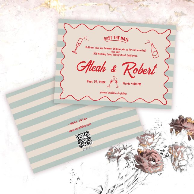 Invitation Red Script Blue Lines Retro Wedding Save the Date (Créateur téléchargé)