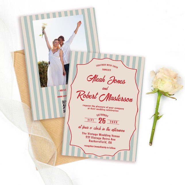 Invitation Red Script Blue Stripe Retro QR Code Photo Wedding (Créateur téléchargé)