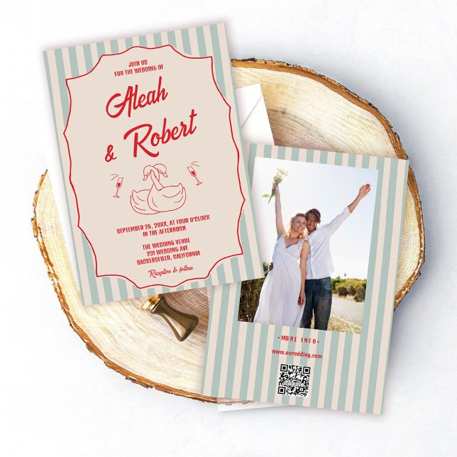 Invitation Red Script Blue Stripes Retro Photo Wedding (Créateur téléchargé)