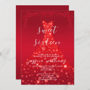 Invitation Red Sequin Ball Gown & Swirls Sweet 16 Anniversair