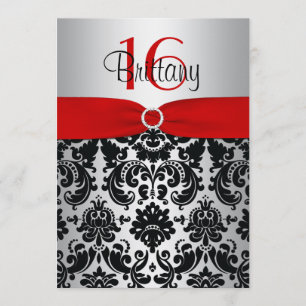 Invitation Red, Silver et Black Damask Sweet 16
