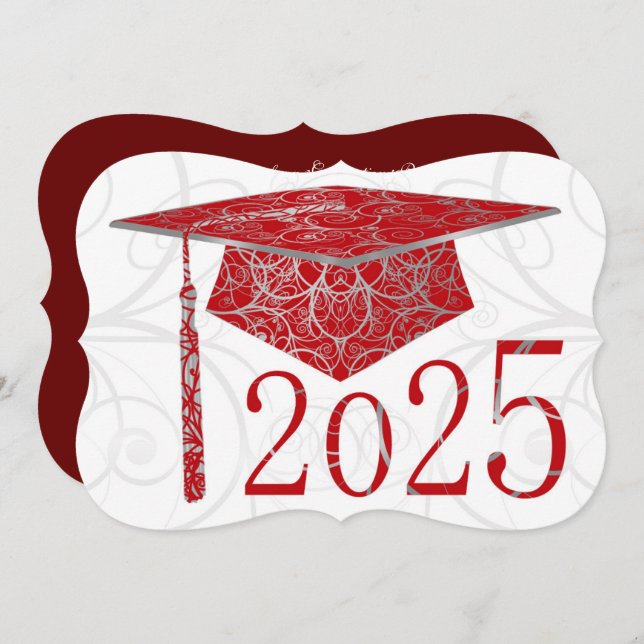 Invitation Red & Silver Floral Casquette 2025 Graduation Part (Devant / Derrière)