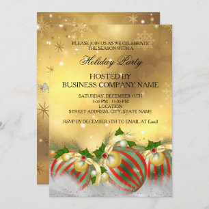Invitation Red Silver Gold Holly Baubles