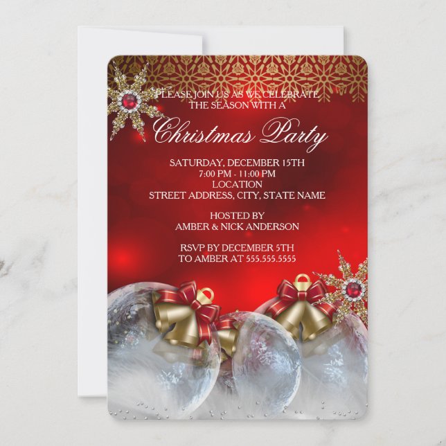 Invitation Red Silver Gold Holly Baubles Christmas Party new3 (Devant)