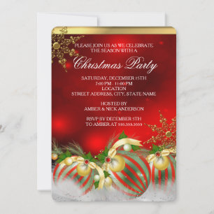 Invitation Red Silver Gold Holly Baubles Noël Party 3
