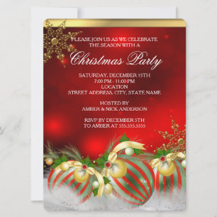 Invitation Red Silver Gold Holly Baubles Noël Party 3