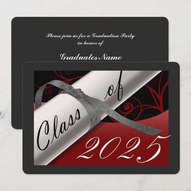 Invitation Red & Silver Graduation Party (Devant / Derrière)