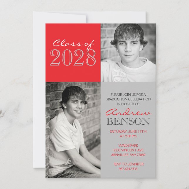 Invitation Red & Silver Grey Classic 2 Photo Graduation (Devant)