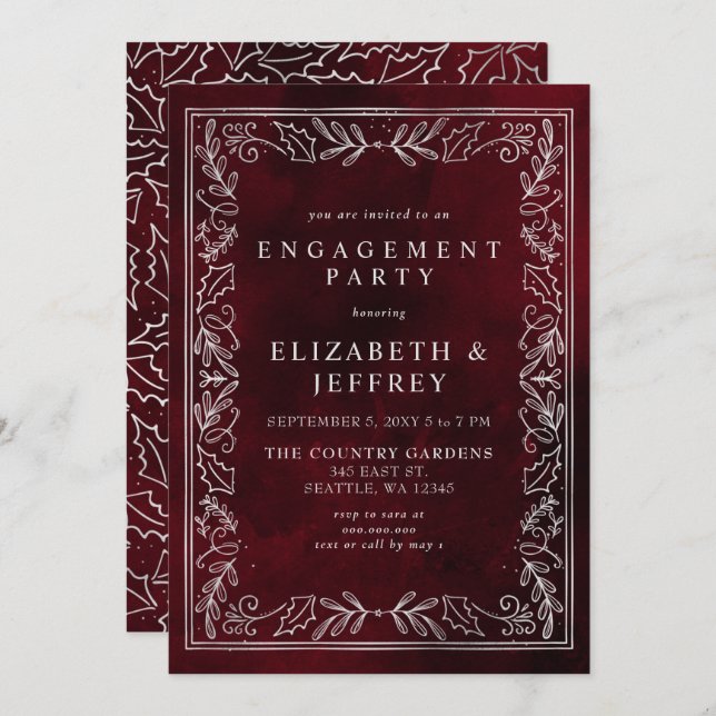 Invitation Red Silver Holly Christmas (Devant / Derrière)