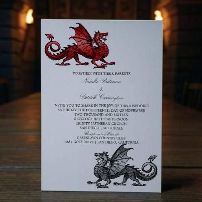Invitation Red Silver Medieval Dragon Wedding (Red Silver Medieval Dragon Wedding Invite)