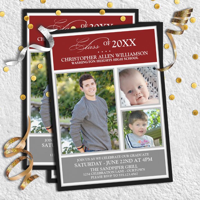 Invitation Red|Silver Photo Graduation Party (Créateur téléchargé)
