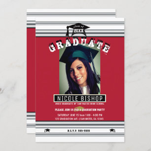 Invitation Red Silver White Elegant Photo Party Graduation