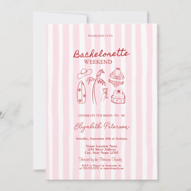 Invitation Red Sketch Bikinis & Martinis Pink Striped (Devant)