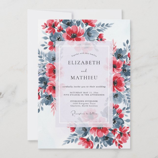 Invitation Red Slate Blue Dramatic Floral Wedding (Devant)