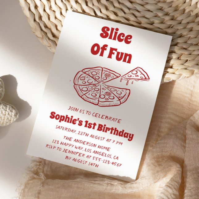 Invitation Red Slice of Fun Pizza First Birthday Party   (Créateur téléchargé)