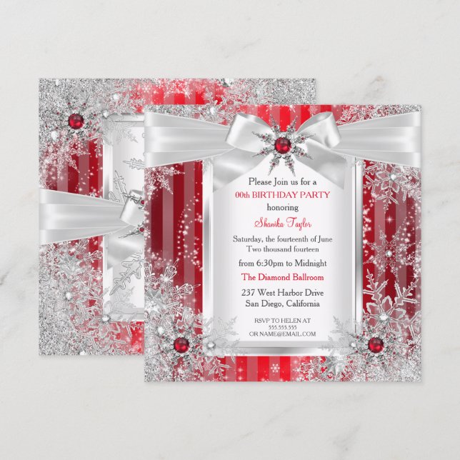 Invitation Red Snowflake Silver Bow Winter Wonderland Party (Devant / Derrière)