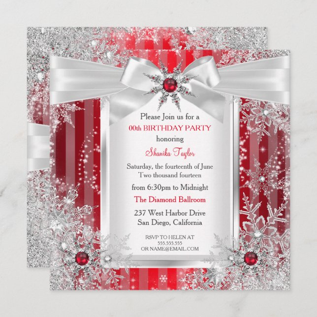 Invitation Red Snowflake Silver Bow Winter Wonderland Party (Devant / Derrière)