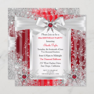 Invitation Red Snowflake Silver Bow Winter Wonderland Party