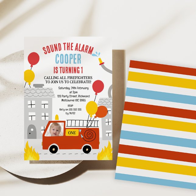Invitation Red Sound The Alarm Fire Engine 1er anniversaire (Sound The Alarm Fire Engine 1st Birthday Invitation, Fire Engine Themed birthday, Balloons Red)