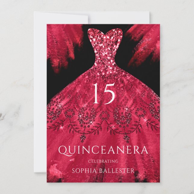 Invitation Red Sparkel Gown Black Quinceanera (Devant)