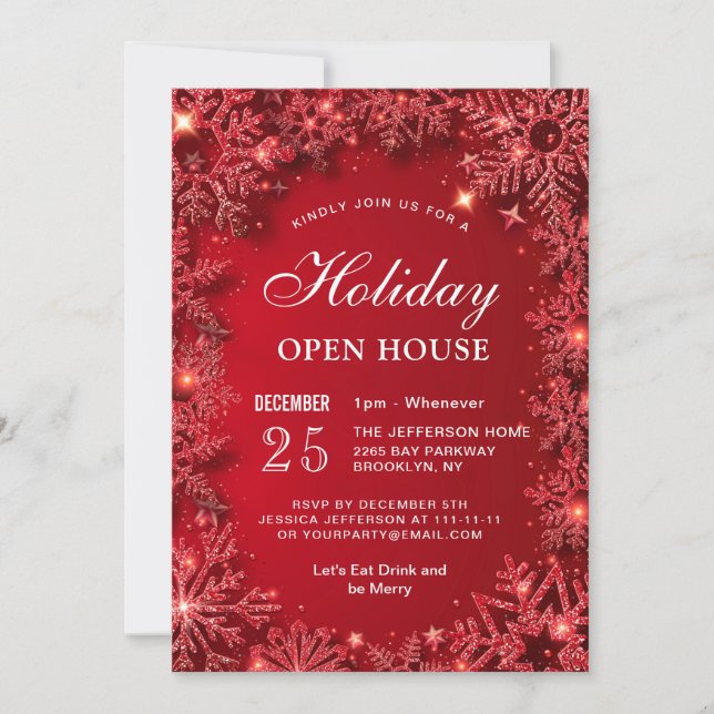 Invitation Red Sparkle Snowflake Noël FÊTES OPEN HOUSE (Devant)