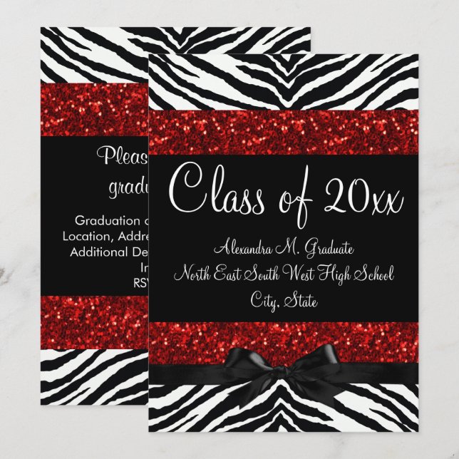 Invitation Red Sparkle Zebra Bow Graduation (Devant / Derrière)