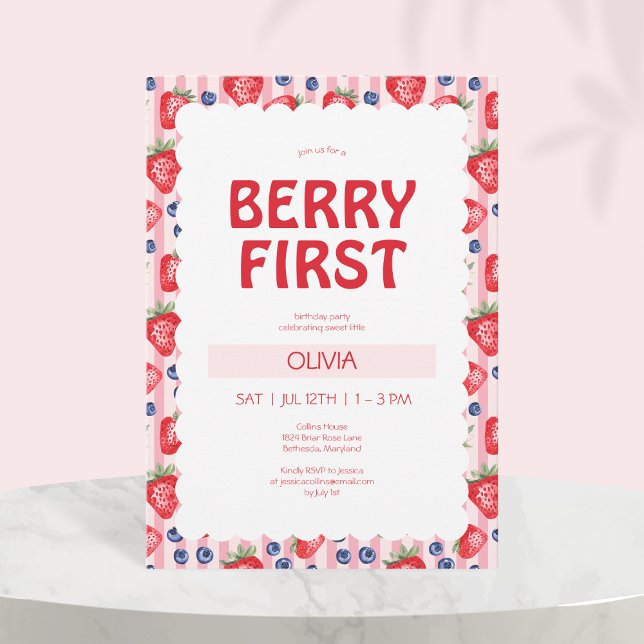 Invitation Red Strawberries Berry 1er fête d'anniversaire (Red Strawberries Berry First 1st Birthday Party Invitation)