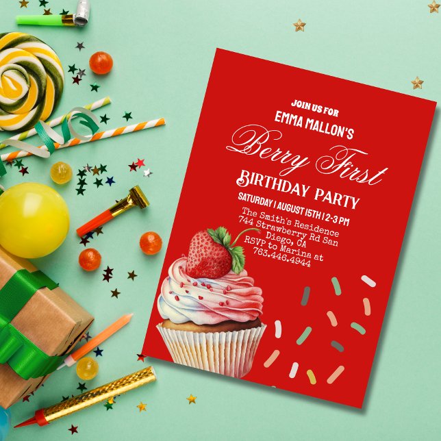 Invitation Red Strawberry 1er Anniversaire Berry Première inv (Créateur téléchargé)
