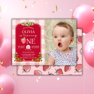 Invitation Red Strawberry 1er anniversaire Photo Girl Party