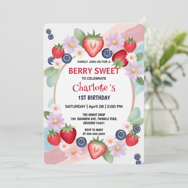 Invitation RED Strawberry 1er fête d'anniversaire (Debout devant)