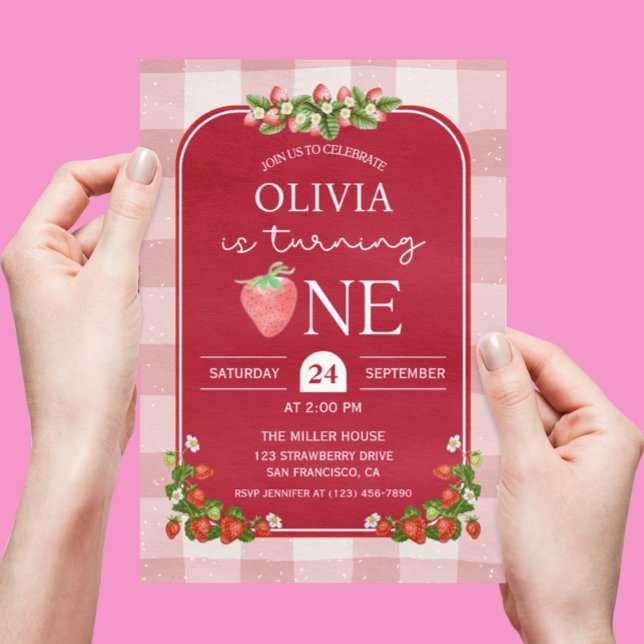 Invitation Red Strawberry 1st Birthday Girl Party (Red Strawberry 1st birthday invitation)