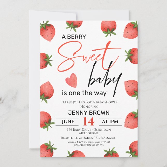Invitation Red Strawberry Berry Sweet Baby Baby shower (Devant)