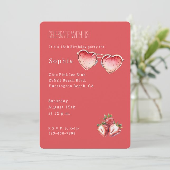 Invitation Red Strawberry Colored Heart Glasses Birthday (Debout devant)