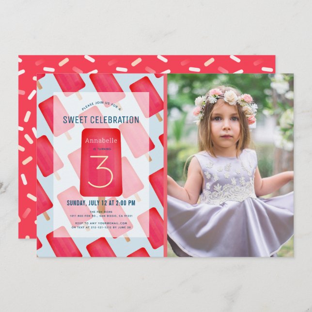 Invitation Red Strawberry Popsicle Girl Photo Anniversaire (Devant / Derrière)