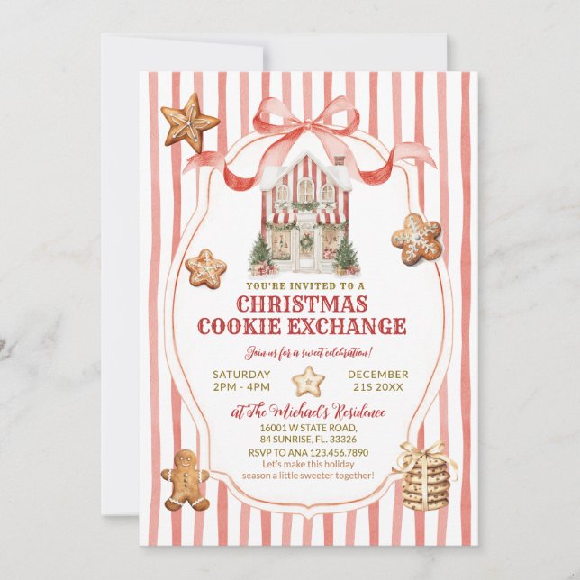 Invitation Red Stripes Bow Gingerbread House Cookies Exchange (Devant)