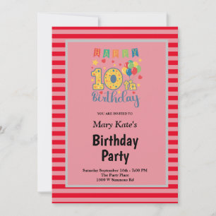 Invitation Red Stripes encadrées 10e fête d'anniversaire