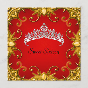 Invitation Red Sweet 16 Anniversaire de fête Gold White Tiara