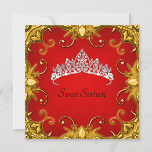 Invitation Red Sweet 16 Anniversaire de fête Gold White Tiara