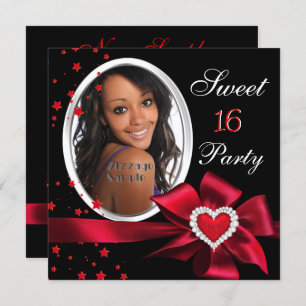 Invitation Red Sweet 16 Anniversaire Fête Coeur Photo Argent