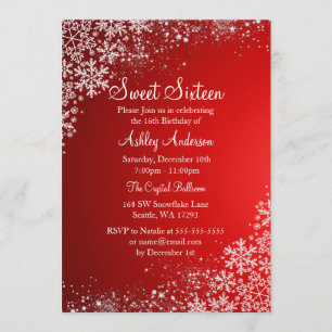 Invitation Red Sweet 16 Winter Wonderland Sparkle Snowflakes